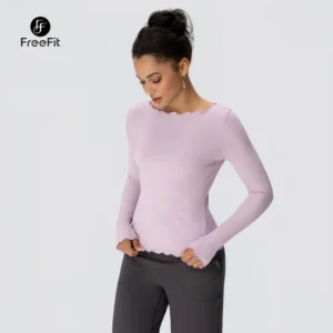 STORE freefit kaos olahraga wanita lengan panjang slim fit dengan detail wave edge cocok untuk gym lari ctp011