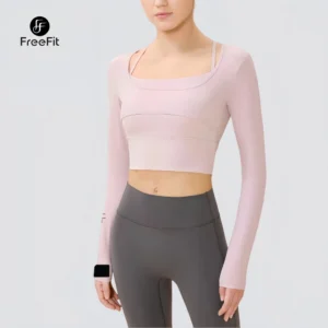 STORE freefit kaos olahraga wanita lengan panjang yoga sexy square neck anti slip cocok untuk lari & gym ctp002
