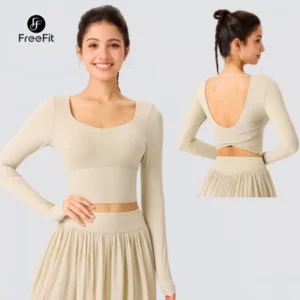 STORE freefit kaos henley kerah wanita modal lengan panjang slim fit atasan yoga kerah kancing ctp012